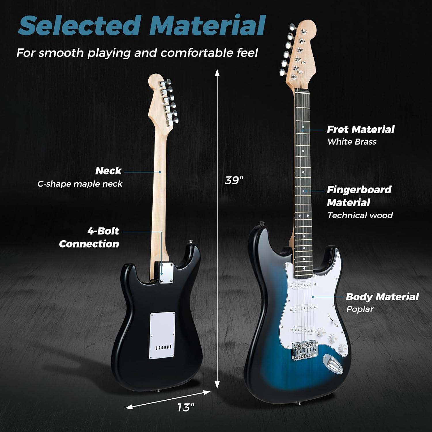 6 String Electric Bass Guitar with AMP, 39” Full Size Beginner Bass Guitar Kit with SSS Pickups, Gig Bag, Strap
