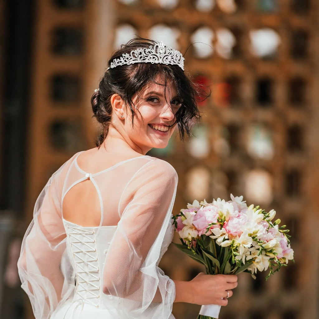 Crown and Sash, White Satin Sash with Crystal Crown, Customizable for Weddings, Birthdays, Proms, and More