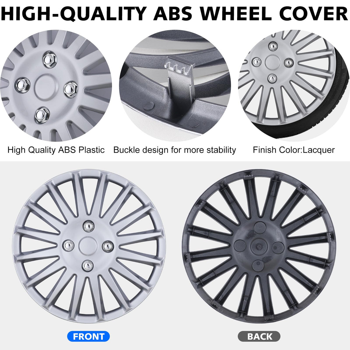 Auto Hubcap Set, R15 Wheel Cover Replacement, 15" Snap On Hubcaps
