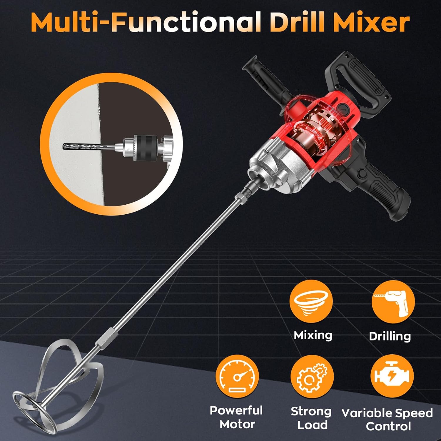 Concrete Mixer 2500W 15A, Cement Mixer With Variable Speed Control, 5/8" Heavy Duty Drill Set, Drill Mixer for