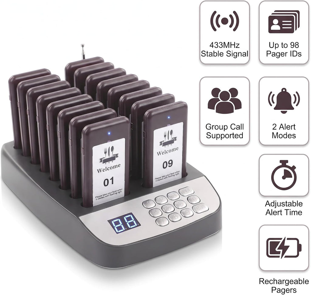 Restaurant Pager System, 16 Pagers, Wireless Paging System
