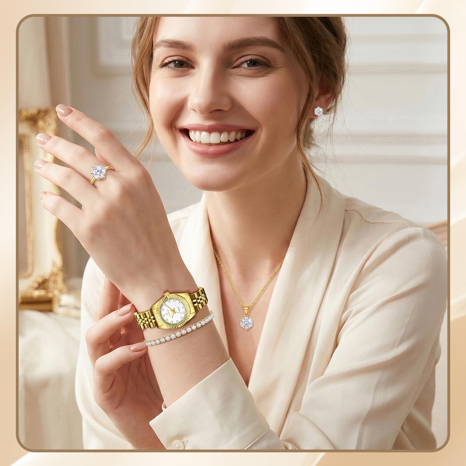 Gold Womens Watch Set, Gold Plated Bangle Bracelet | 18K Gold Plated Bangle Bracelets, Dainty Ladies Analog Watch
