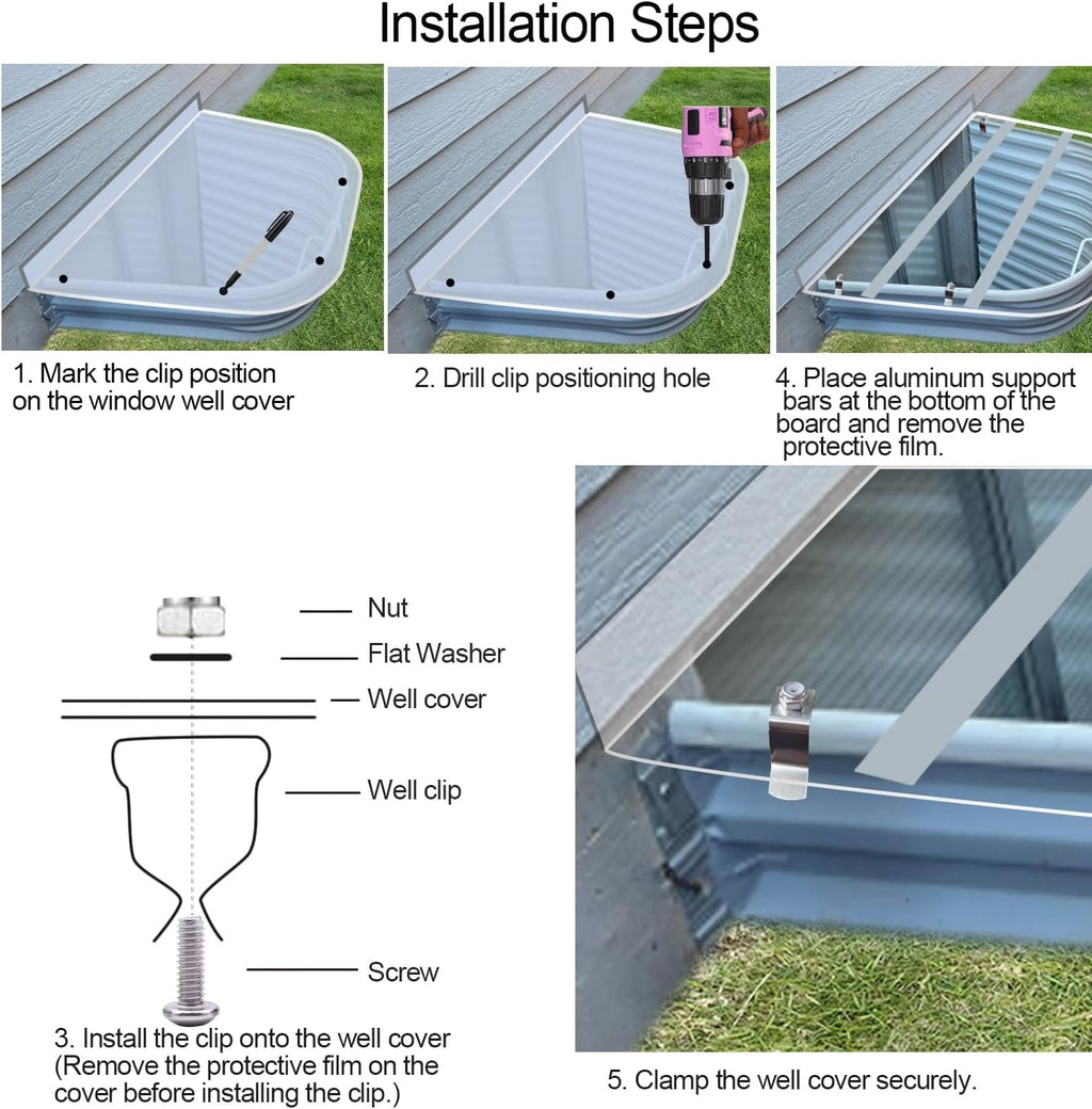 59" x 38" Clear Polycarbonate Window Well Covers Outside - Heavy Duty Waterproof Basement Egress Windows Well Covers