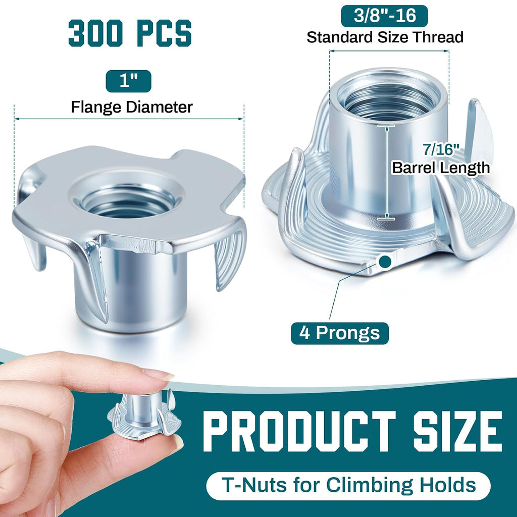 300 Pcs T-Nuts 3/8"-16 for Climbing Wall Wood, Blue Zinc