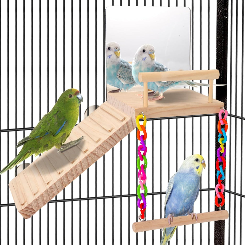 Bird Perch Platform Bird Toys with Bird Mirror Climbing Ladder Swing, Parakeet Cage Accessories - for Cockatiels