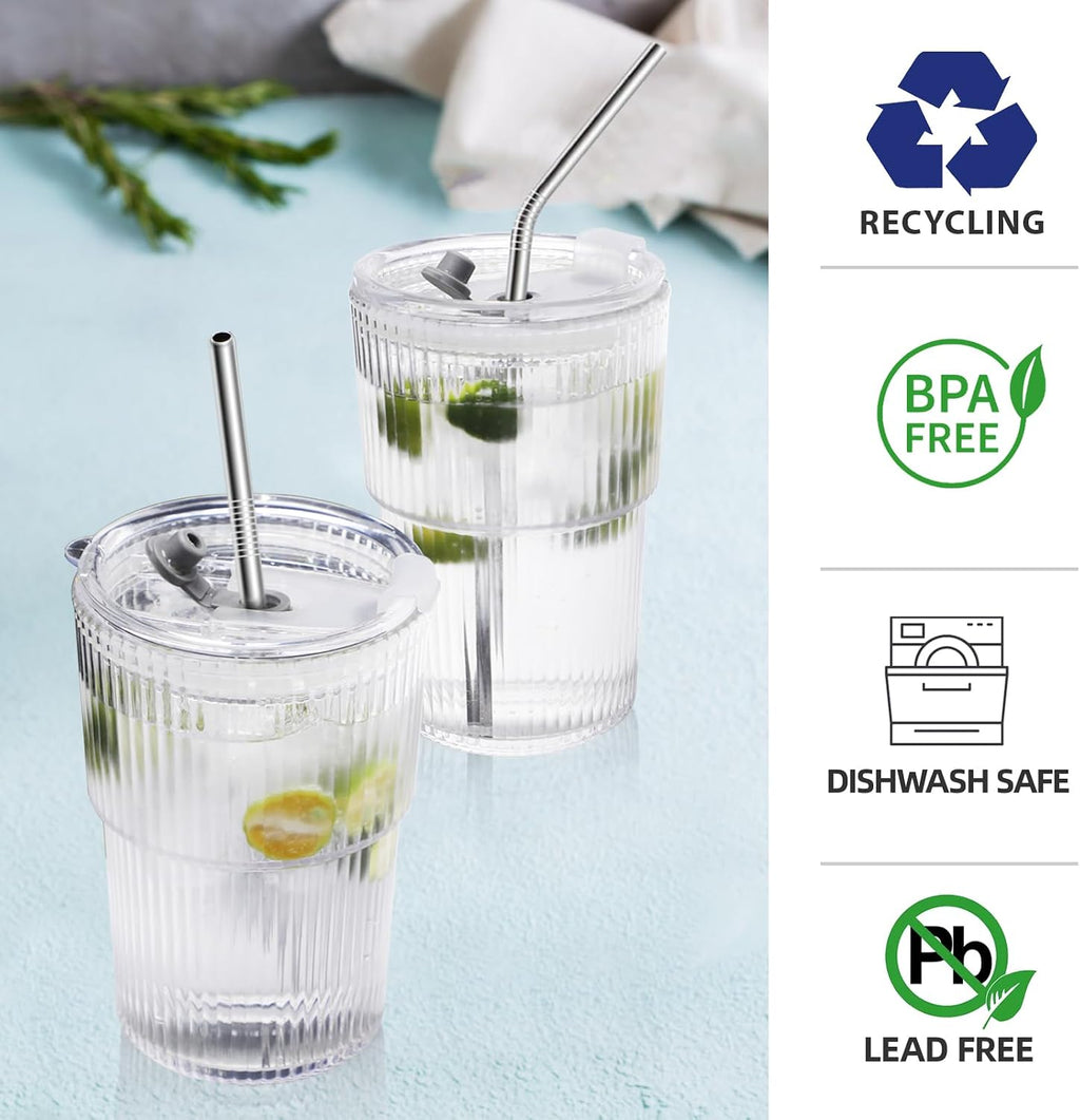 16 OZ Iced Coffee Cups with Lids and Straws Set of 4, Unbreakable Plastic Drinking Glasses Reusable Iced Coffee Glass