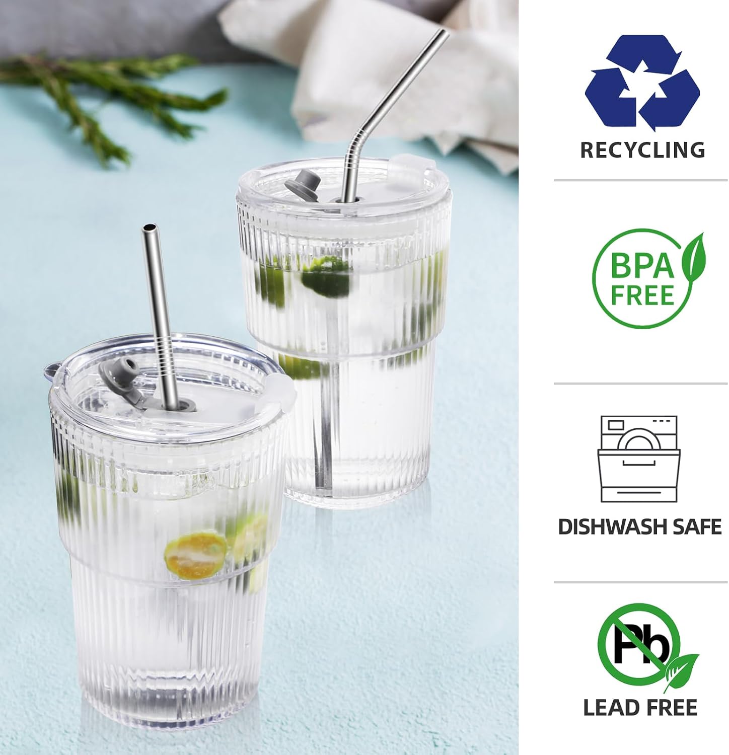 16 OZ Iced Coffee Cups with Lids and Straws Set of 4, Unbreakable Plastic Drinking Glasses Reusable Iced Coffee Glass