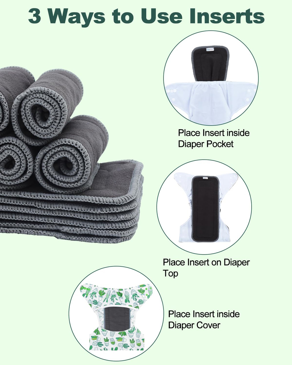 Baby 5-Layer Charcoal Rayon from Bamboo Reusable Liners for Cloth Diapers Nappies,Pack of 12 Inserts,12ZTN