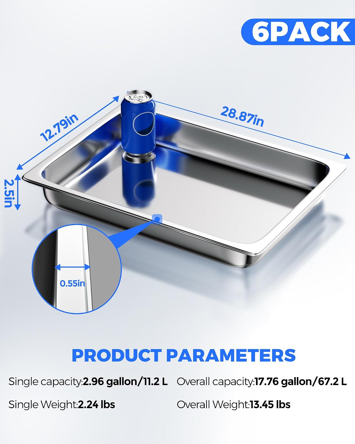 Stainless Steel Steam Table Hotel Pan Set 1/1 Size 2.5 Inches 6pcs