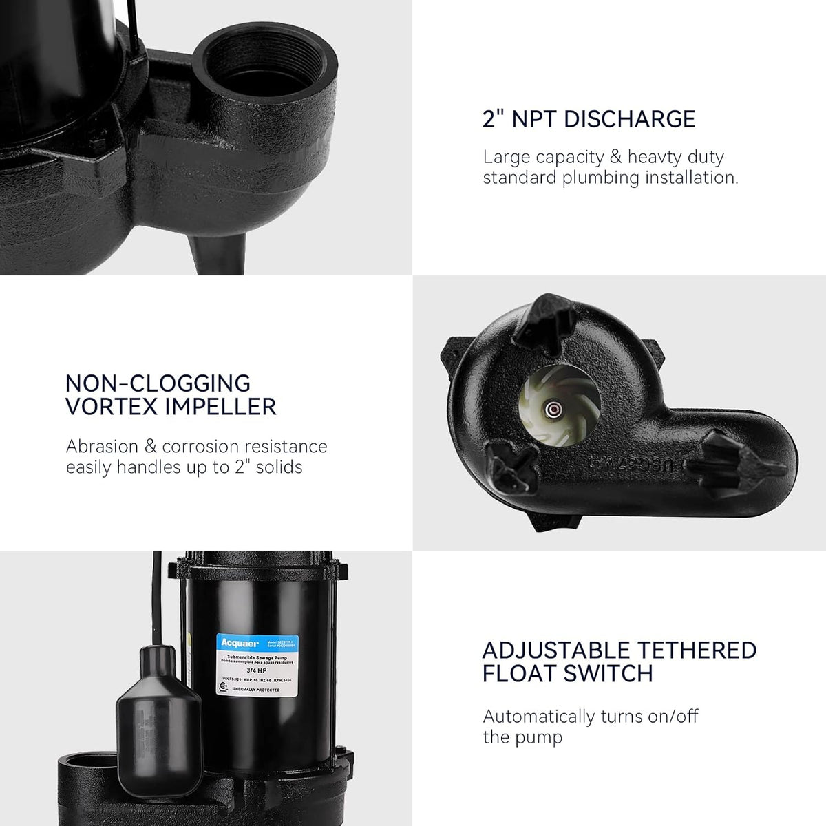 Acquaer 3/4 HP Submersible Sewage Pump 6400 GPH Cast Iron Effluent Pump