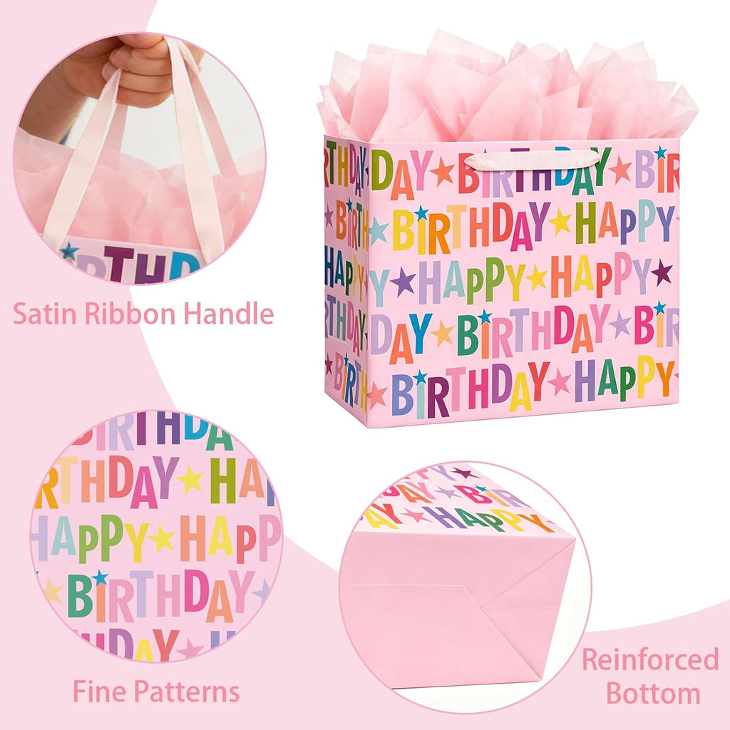 16.5" Extra Large Happy Birthday Gift Bag Set with Greeting Card and Tissue Paper, Colorful Lettering Design for