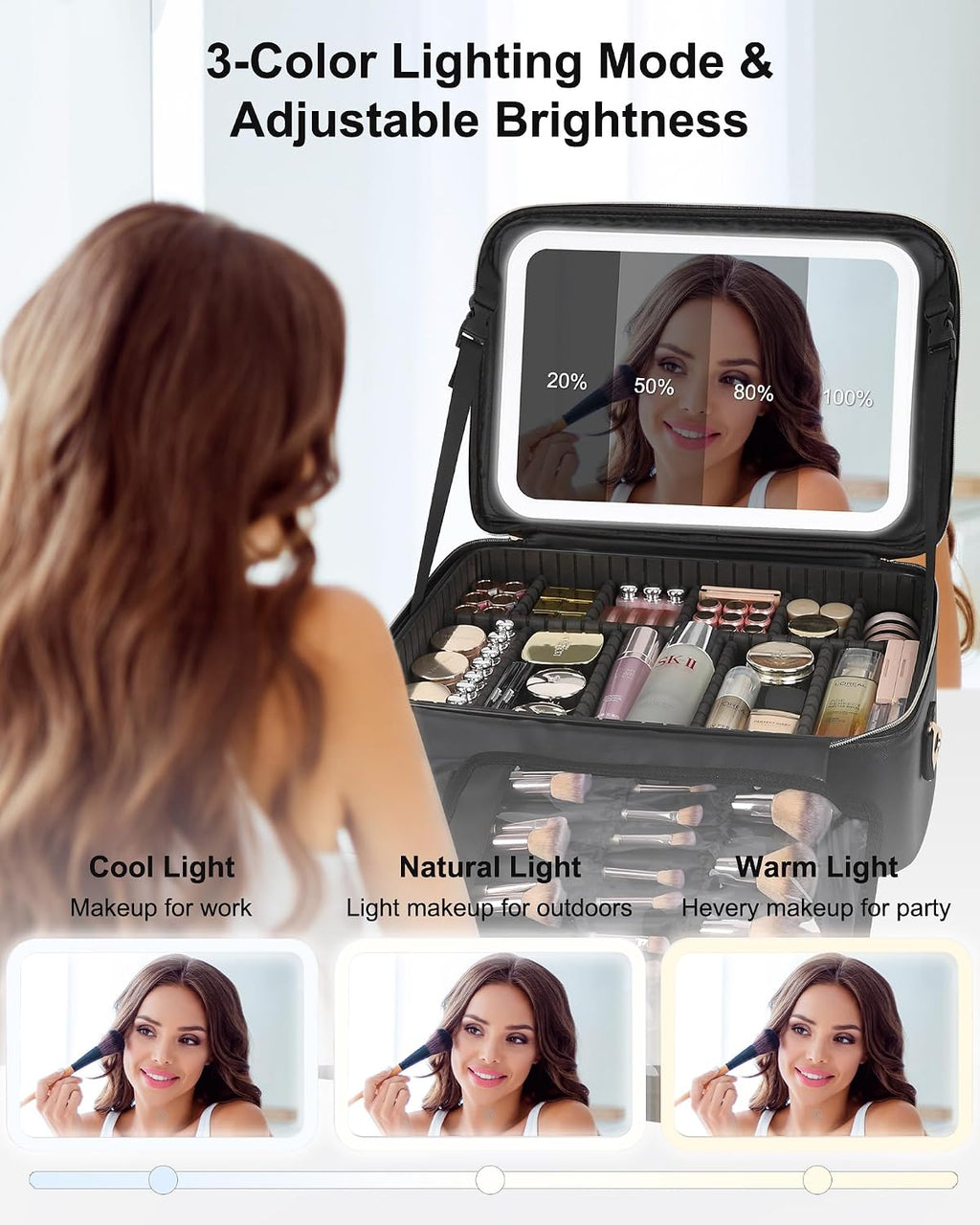 Large Makeup Case With LED Mirror, 16.2" Cosmetic Vanity Case with 3 Lignting Modes and Adjustable Brigntness