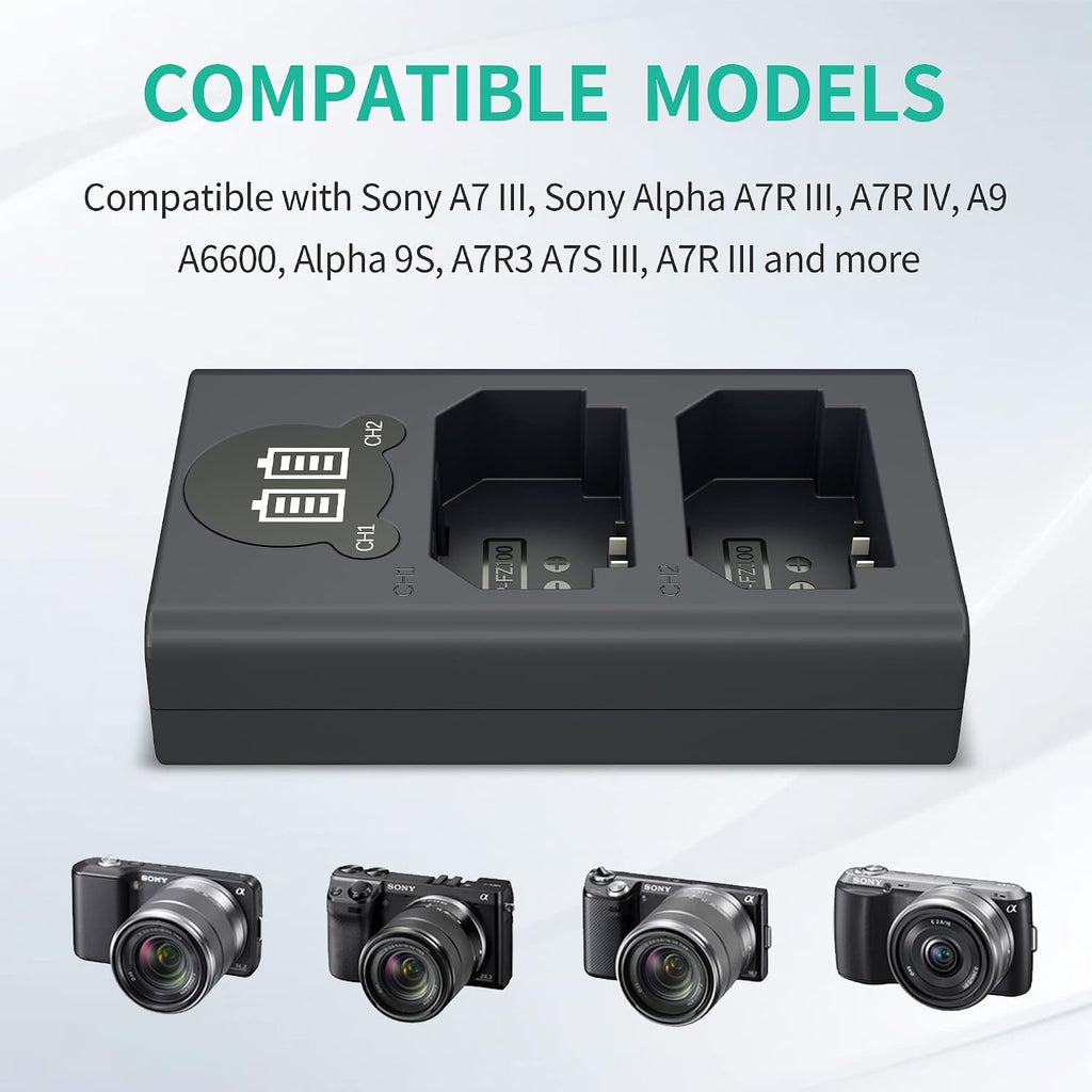 NP-FZ100 Camera Battery Charger, Dual USB Charger with LCD Display, Compatible with Sony A7iii, A7iv, A7C, A6700