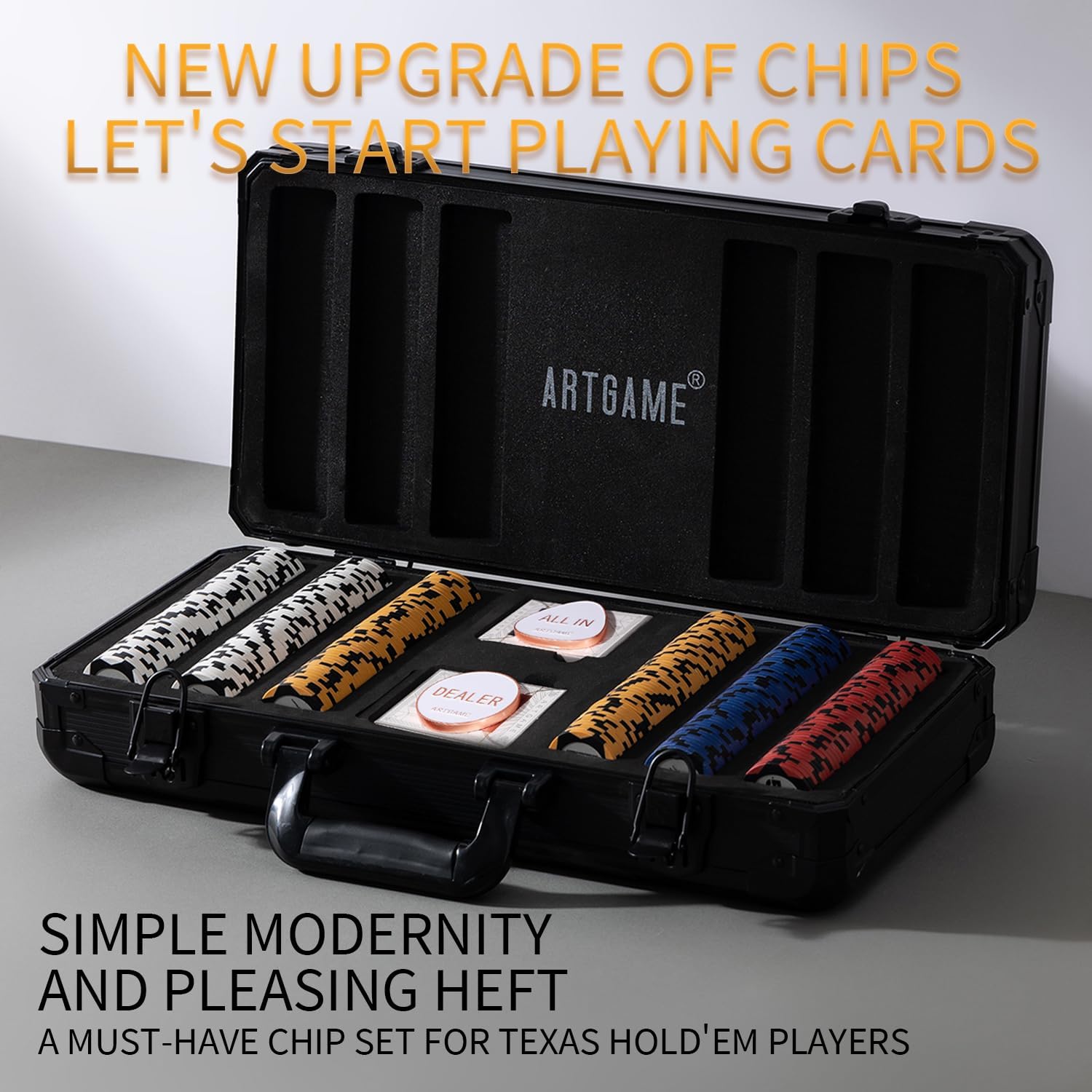 14 Gram Clay Poker Chip Set for Texas Hold’em, 300Pcs Casino Style Chips, with K-Type Aluminum Case and Dealer Buttons.