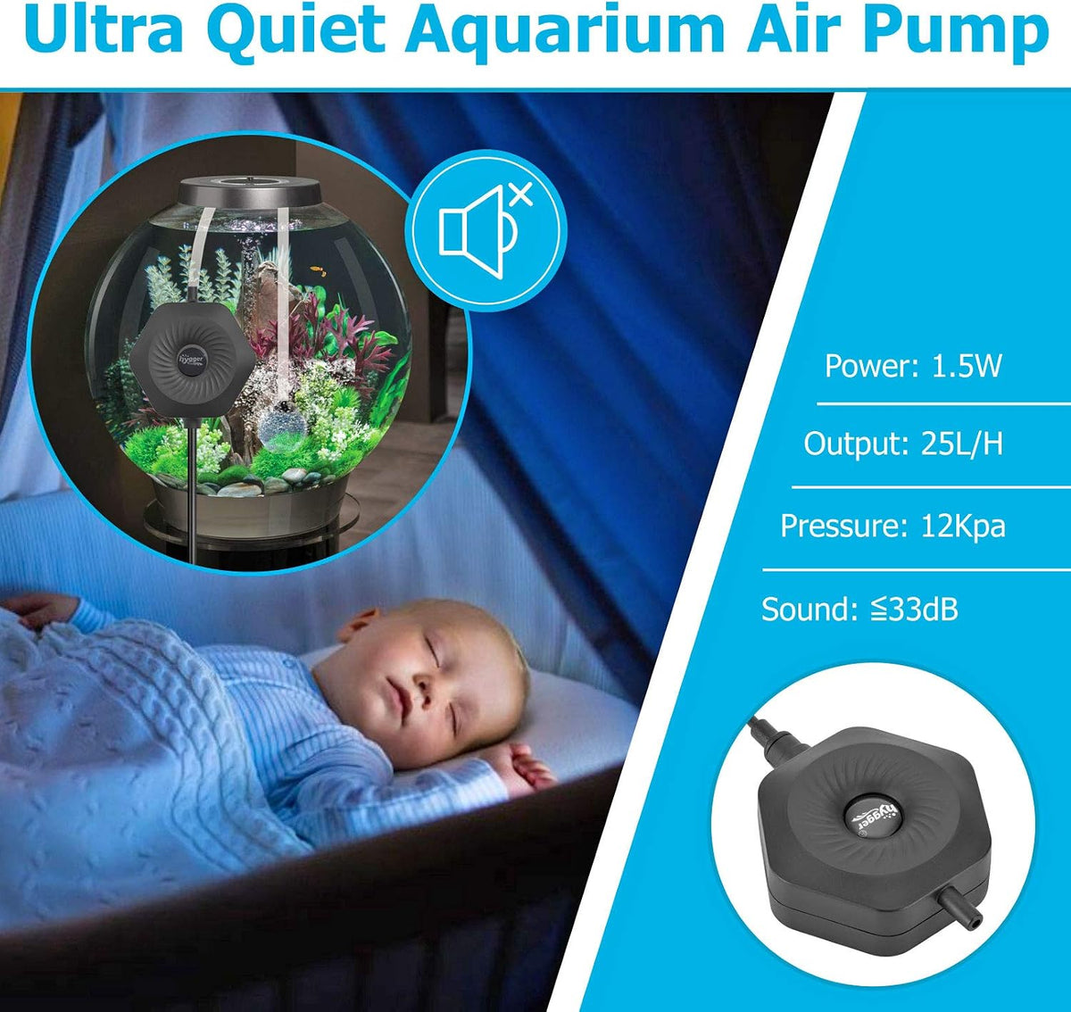 Ultra Silent 1.5W Fish Bowl Aqaurium Mini Air Pump with Accessories, Oxygen Aerator Kit for Fish Tank 0.5-15 Gallon