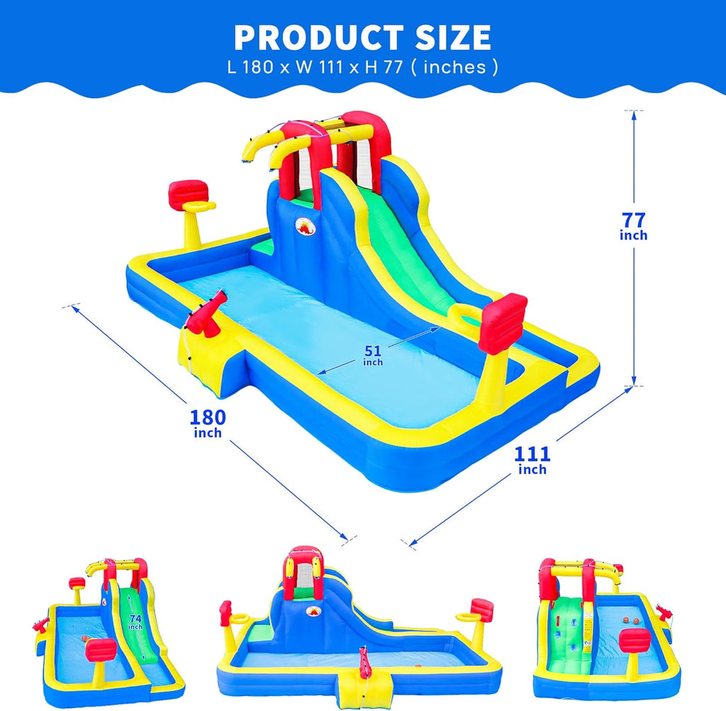 Inflatable Water Park with Blower, Bouncy Castle with Water Cannon and Double Basketball Rings