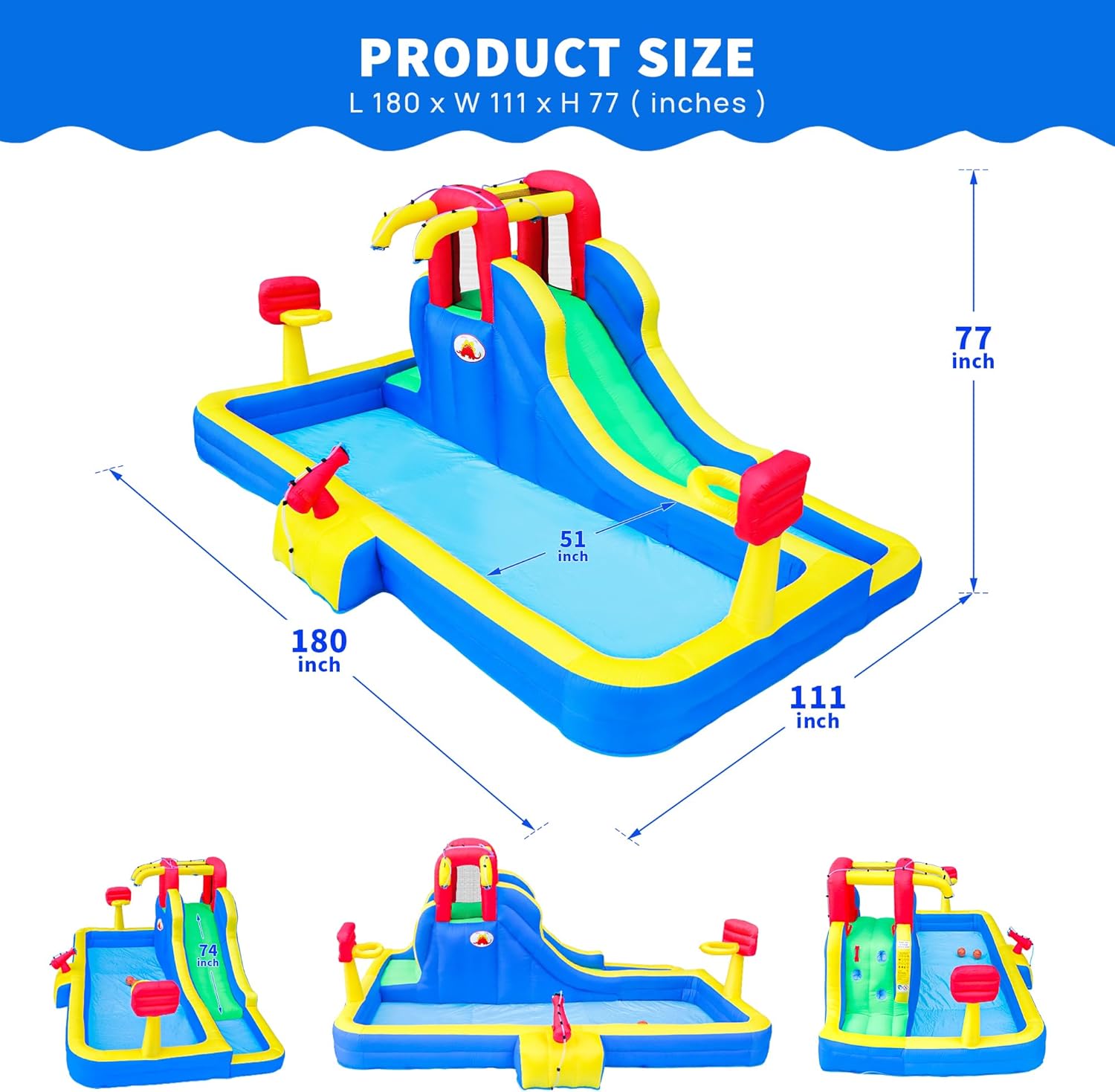Inflatable Water Park with Blower, Bouncy Castle with Water Cannon and Double Basketball Rings