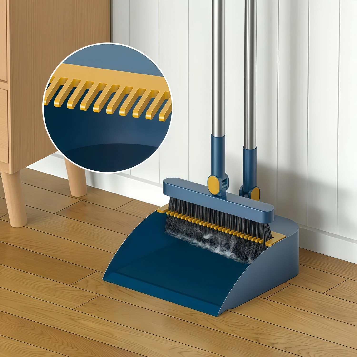 Broom and Dustpan Set, Long Handle Standing Broom with Self-Cleaning Comb Teeth, Heavy Duty Broom Dustpan Combo for