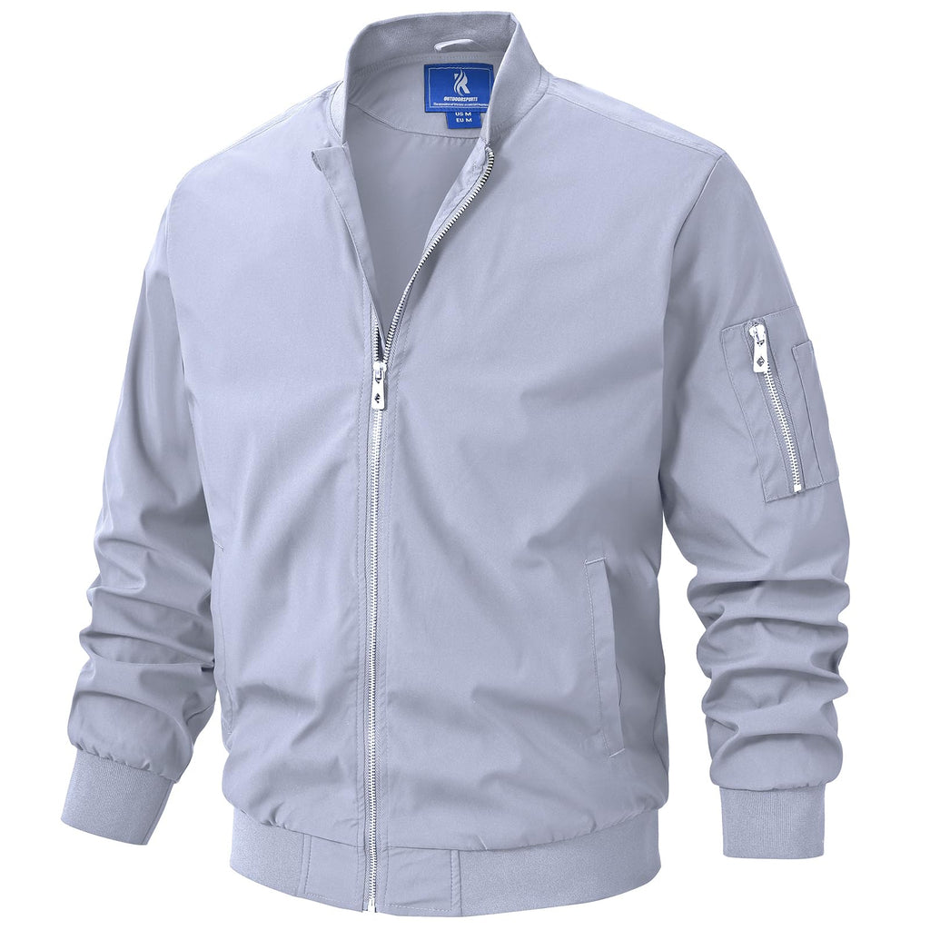 Men’s Lightweight Bomber Jacket Casual Full Zip Spring Fall Windbreaker Coat with Pockets Light Gray M