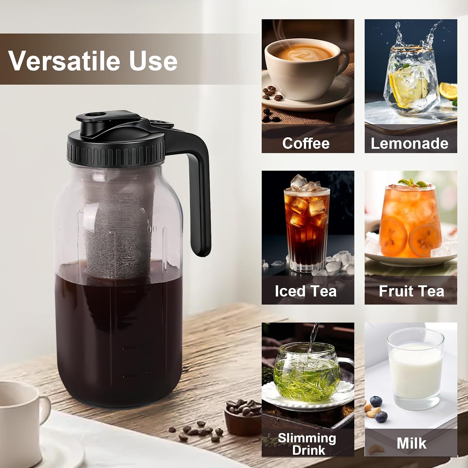 Cold Brew Coffee Maker - 64 Oz Heavy-Duty Glass Mason Jar Pitcher with Stainless Steel Filter, Leak-Proof Lid