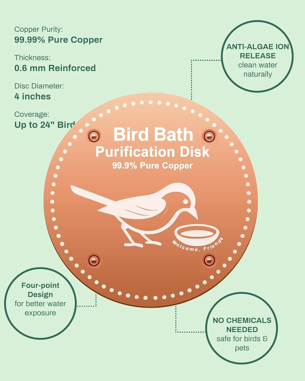Bird Bath Purification Disc Pure Copper Outside Winter Solar Power Birdbath Disk Heater Deicer Cage Hanging Bowl