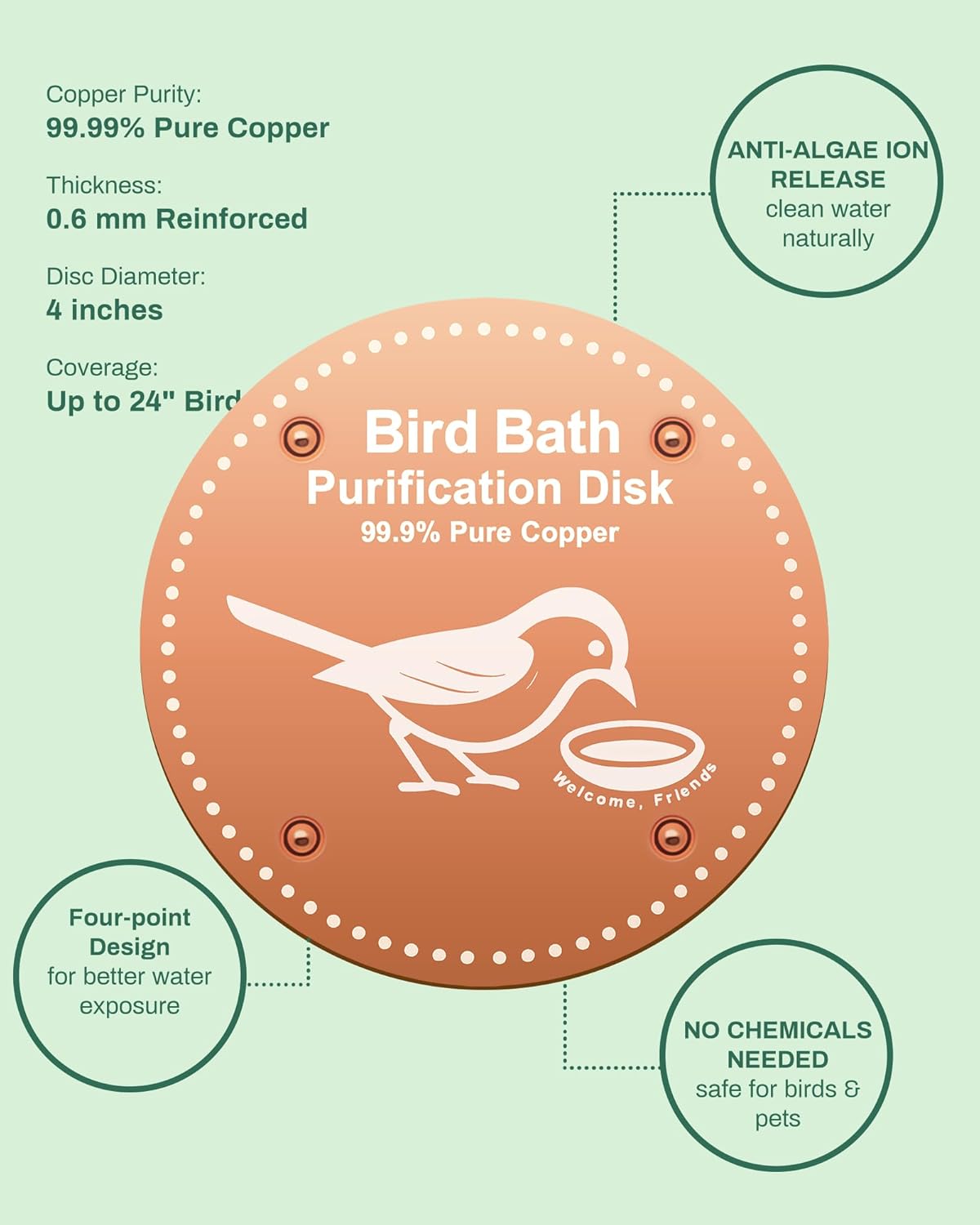 Bird Bath Purification Disc Pure Copper Outside Winter Solar Power Birdbath Disk Heater Deicer Cage Hanging Bowl