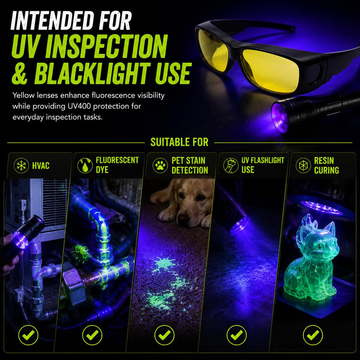 Yellow UV Glasses, UV Enhancing Safety Glasses for UV Dye & Blacklight