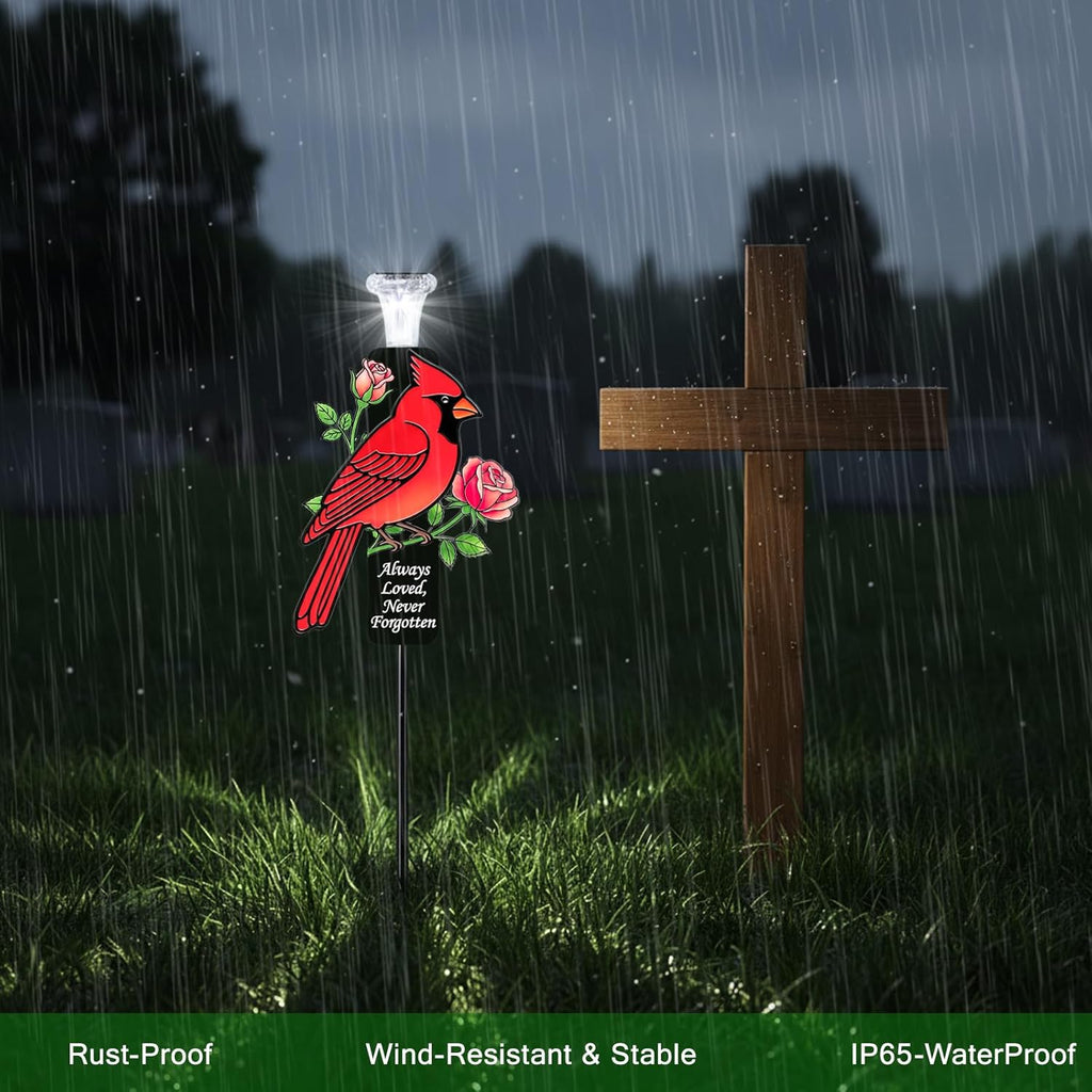 Solar Cardinal Memorial Stakes for Graves - Metal Cemetery Decorations with LED Light, Sympathy Gift for Loss of