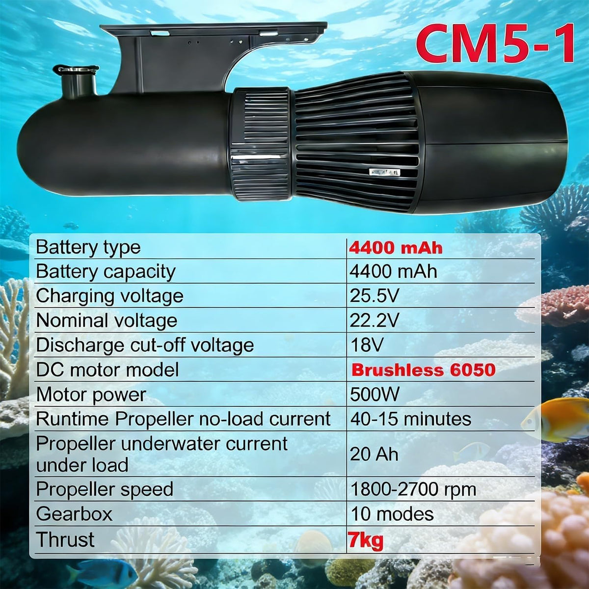 500W Electric Underwater Scooter, 40M Free Diving Snorkeling Sea Scooter, Brushless Motor Removable Battery Water