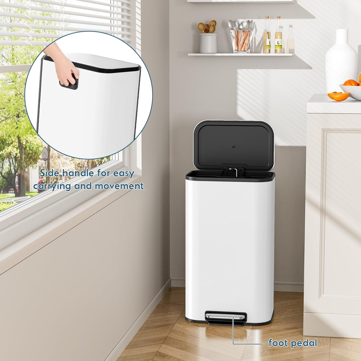 13.2 Gallon 50L Square Step Kitchen Trash Can, Stainless Steel,White
