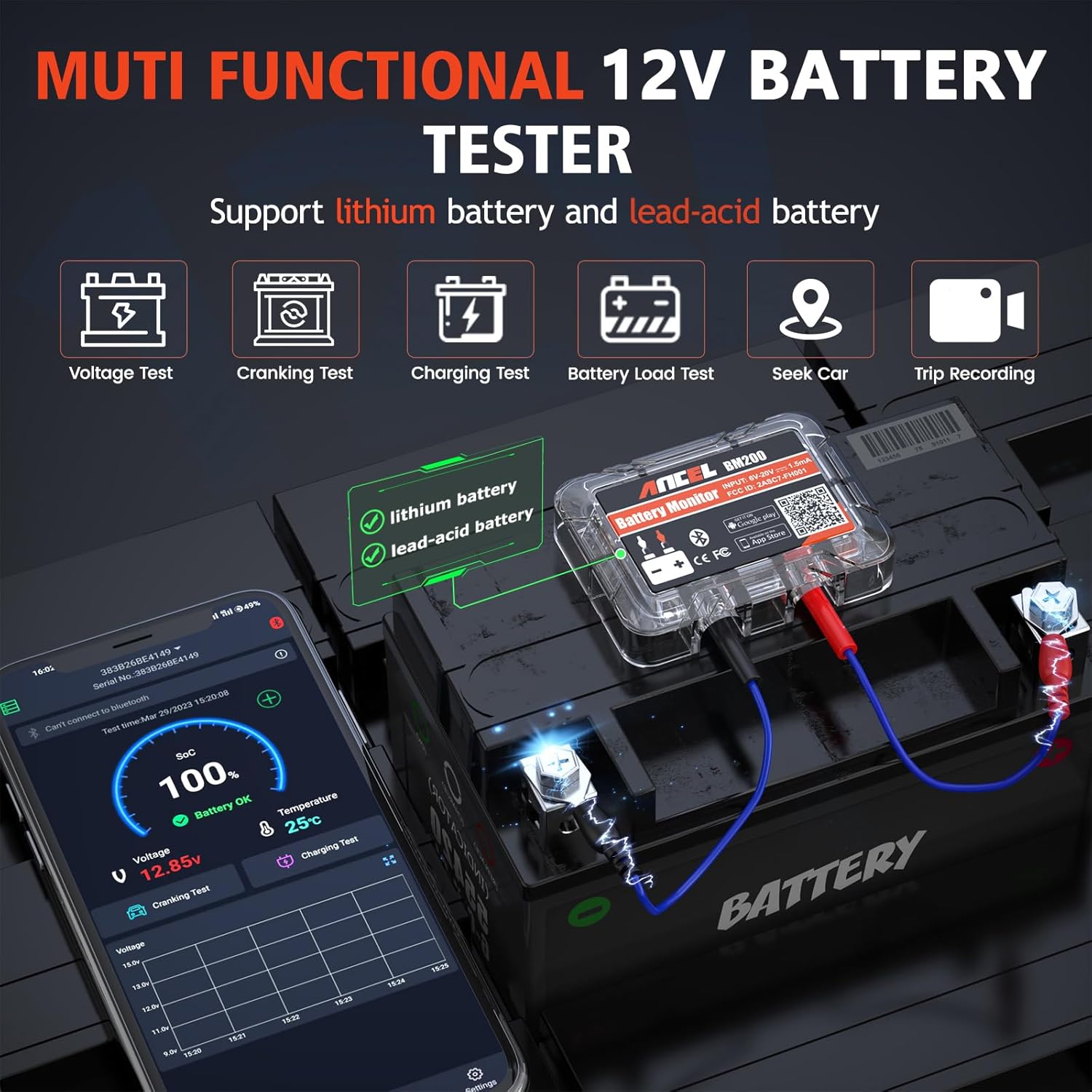 BM200-US Car Battery Tester 12V Automotive Battery Monitor Bluetooth | Auto Battery Load Tester with Cranking
