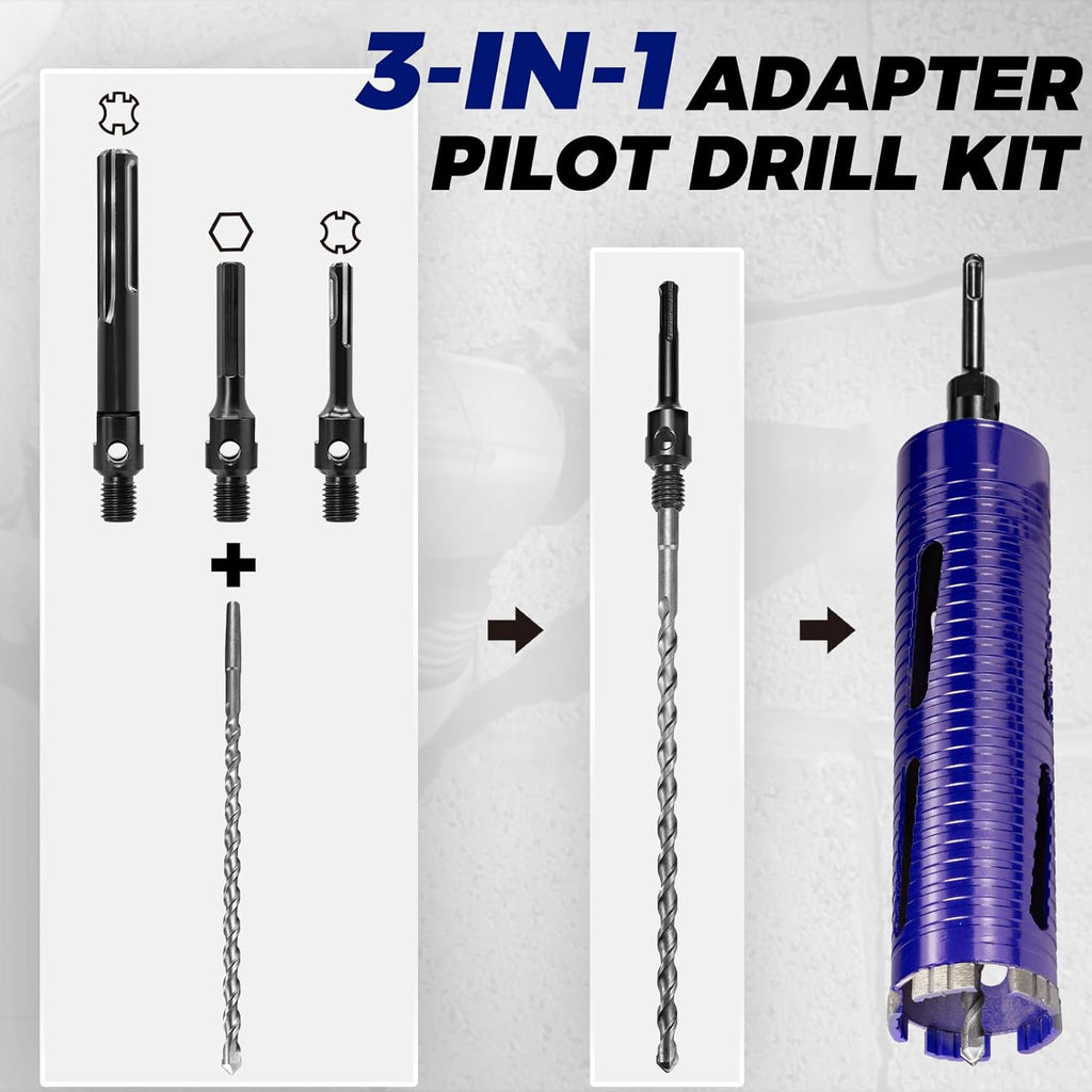 1" Pro Dry Core Drill Bit with Pilot Bit & 3 Adapters (SDS Plus/SDS Max/1/2 Hex), Upgraded-Welded Blade Core Bits for