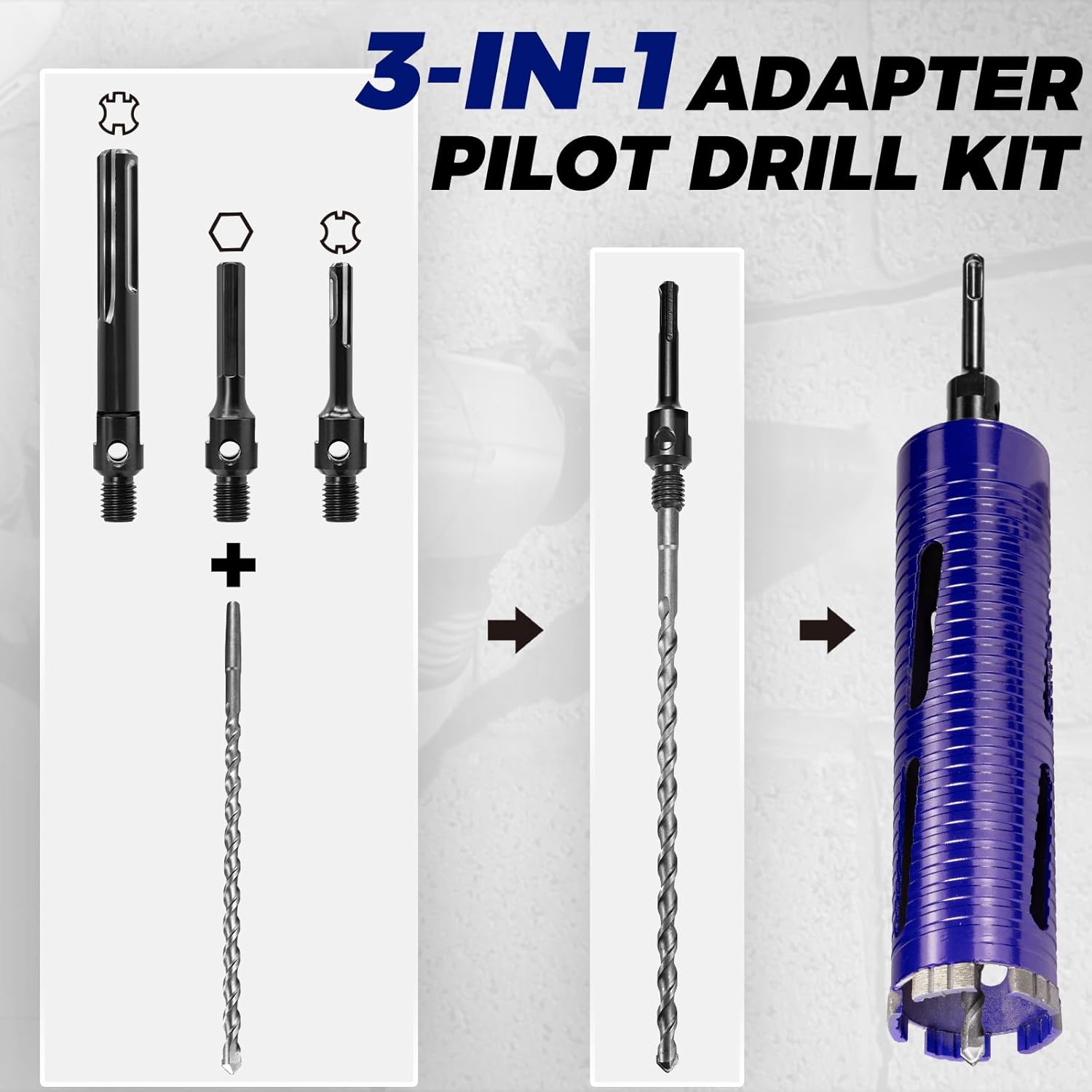 1" Pro Dry Core Drill Bit with Pilot Bit & 3 Adapters (SDS Plus/SDS Max/1/2 Hex), Upgraded-Welded Blade Core Bits for