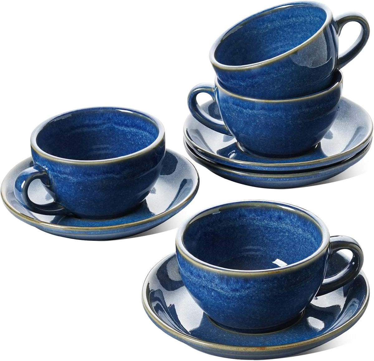 8 oz Cappuccino Cups with Saucers, Set of 4, Large Ceramic Coffee Cup Set for Au Lait, Flat White, Latte, Cafe Mocha