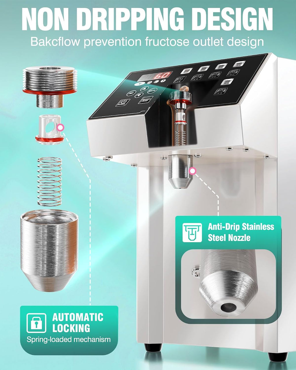 Fructose Dispenser - Automatic Fructose Machine with 16 Programmable Presets, Drip Tray, Measuring Cup & Mixing Stick