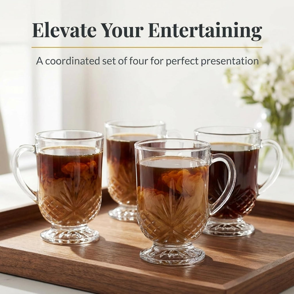 Crystal Coffee Mugs, Clear Glass Tea Cups, 10oz Set of 4 Dublin