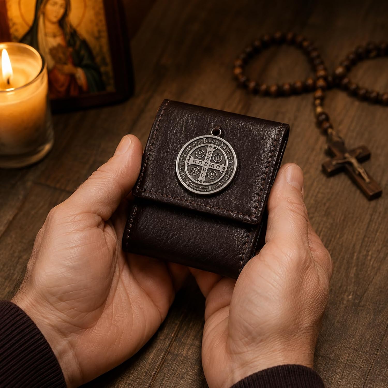Hand Sewn Leather Catholic Pocket Shrine, Portable Folding Personal Travel Altar with Jesus Sacred Art & Metal