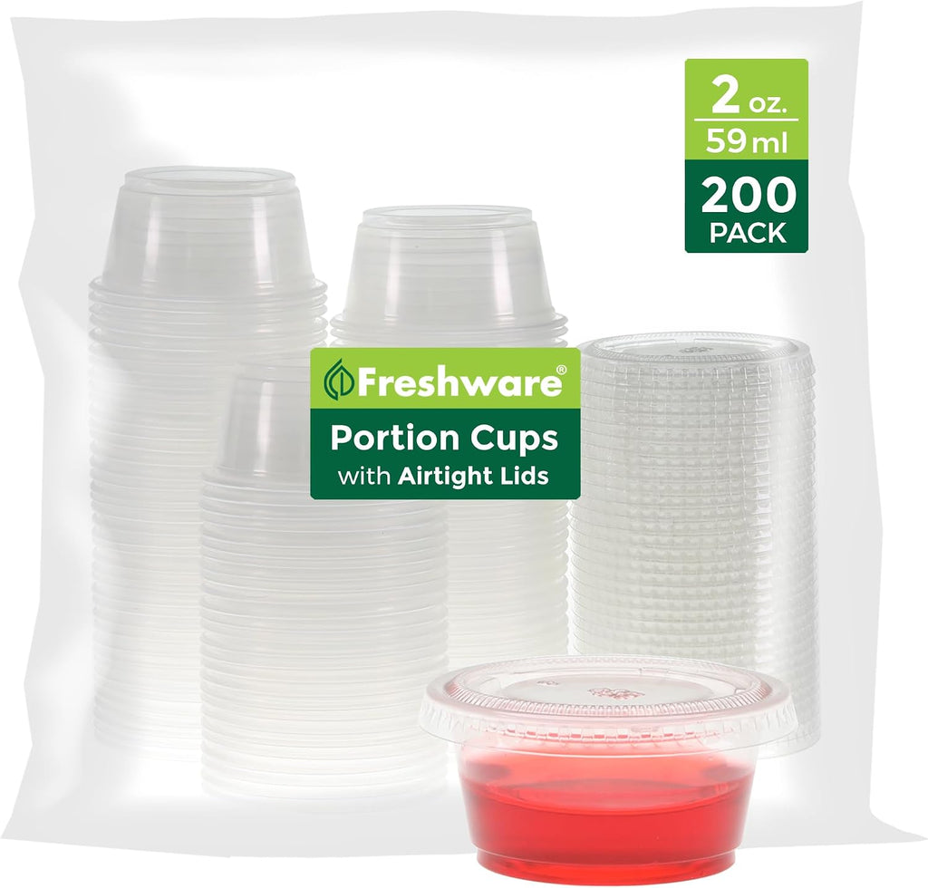Plastic Portion Cups with Lids [2 Ounce, 200 Sets] Disposable Plastic Cups for Meal Prep, Salad Dressing, Jellos Shot