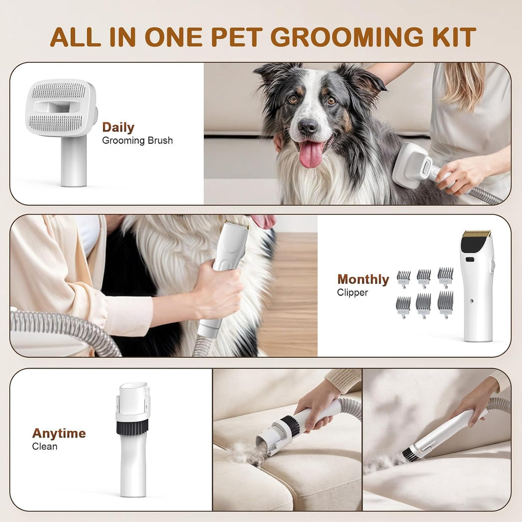 Dog Grooming Vacuum, Dog Grooming Kit, 3 Suction Modes Dog Brush Vacuum with 5 Pet Grooming Tools (Oyster White)