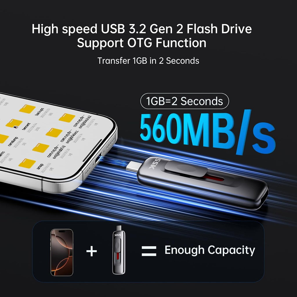 USB Drive 128GB up to 550MB/s External SSD USB C+A 3.2 Thumb Drive | SMART & TRIM,Dual Ports,Metal,Push-pull