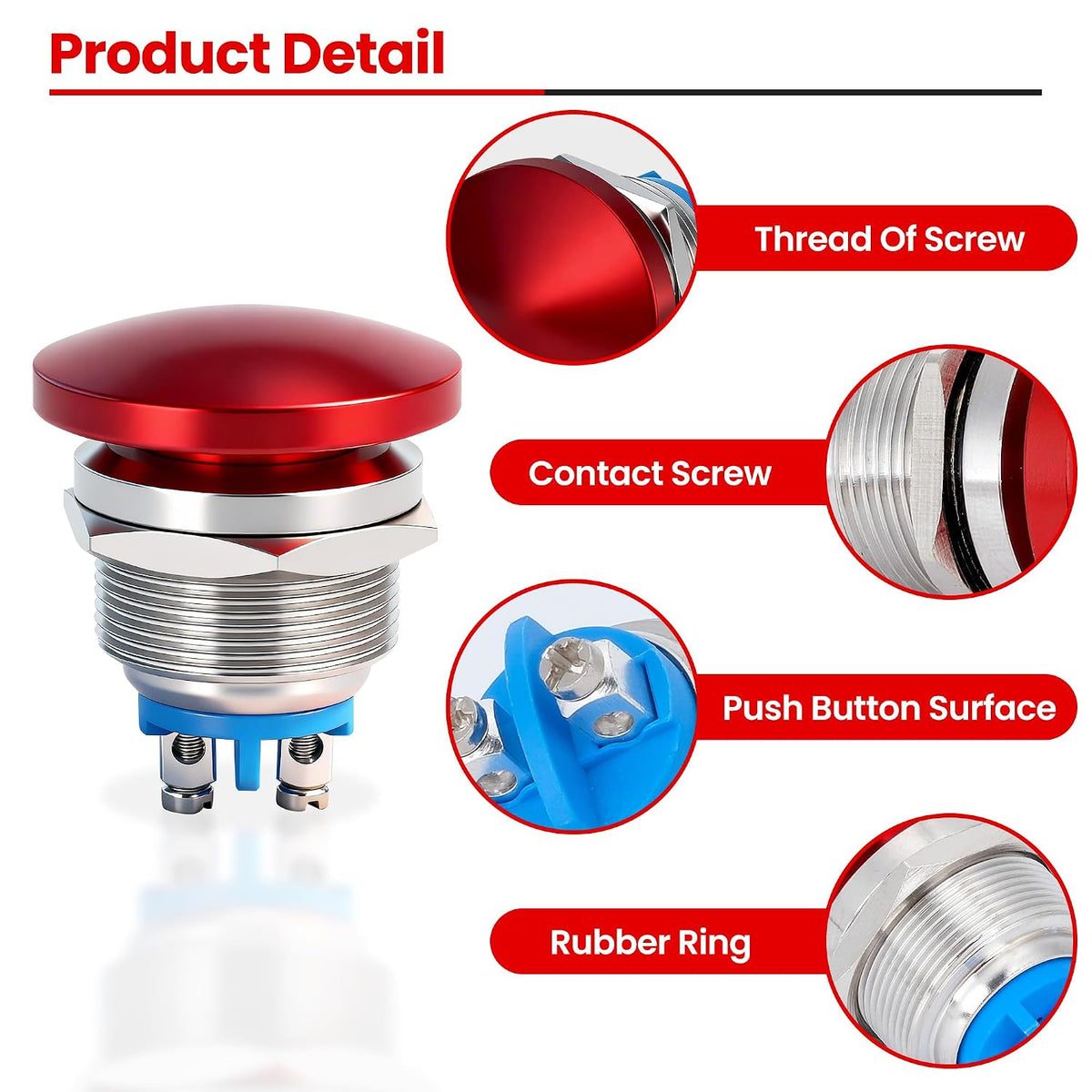 22mm Mushroom Head Momentary Push Button Switch, IP65 Waterproof