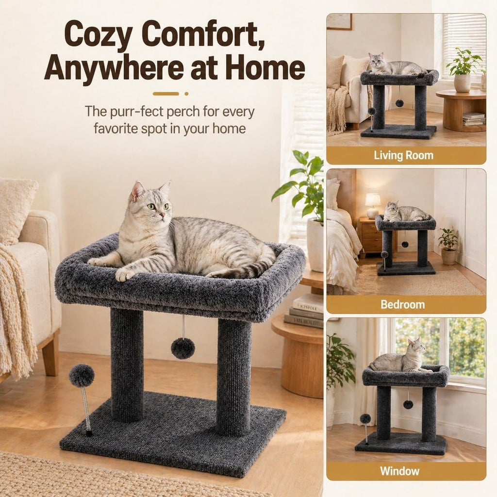 Small Cat Tree with Large Top Perch for Indoor Cats, Grey