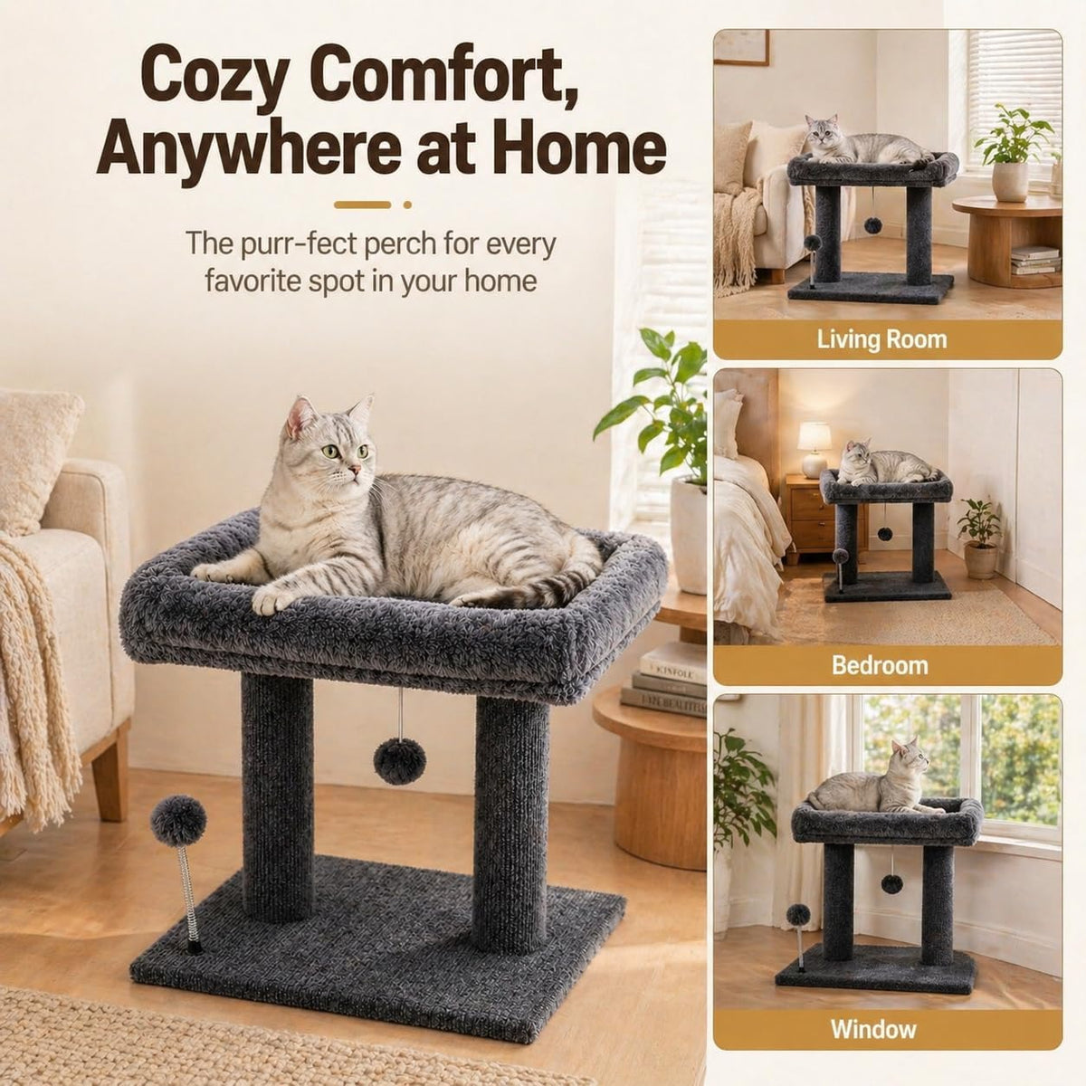 Small Cat Tree with Large Top Perch for Indoor Cats, Grey