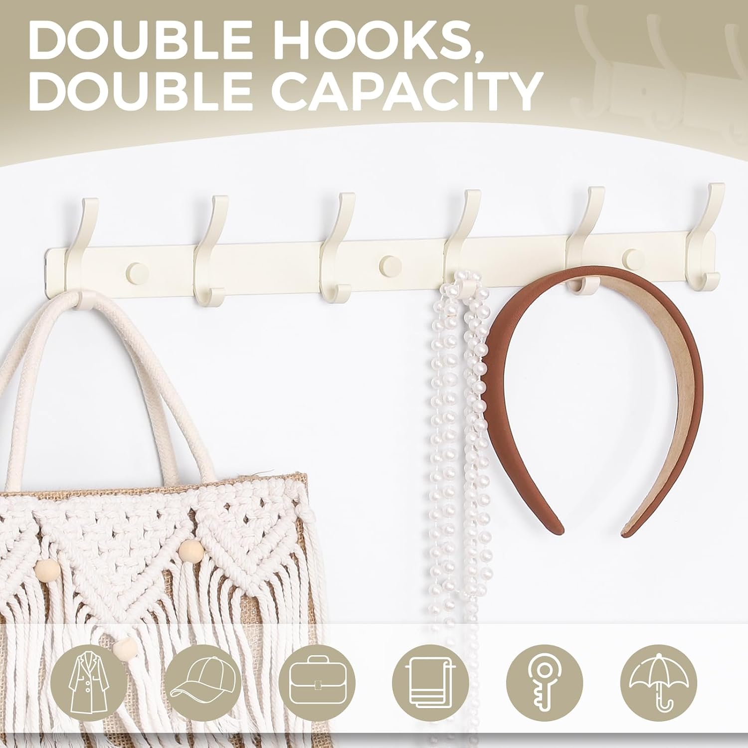 Coat Rack Wall Mount, 2 Pack Coat Hooks Hanger Wall Double Hook Rack Rail Towel Hat Rack Entryway Bathroom Hanger
