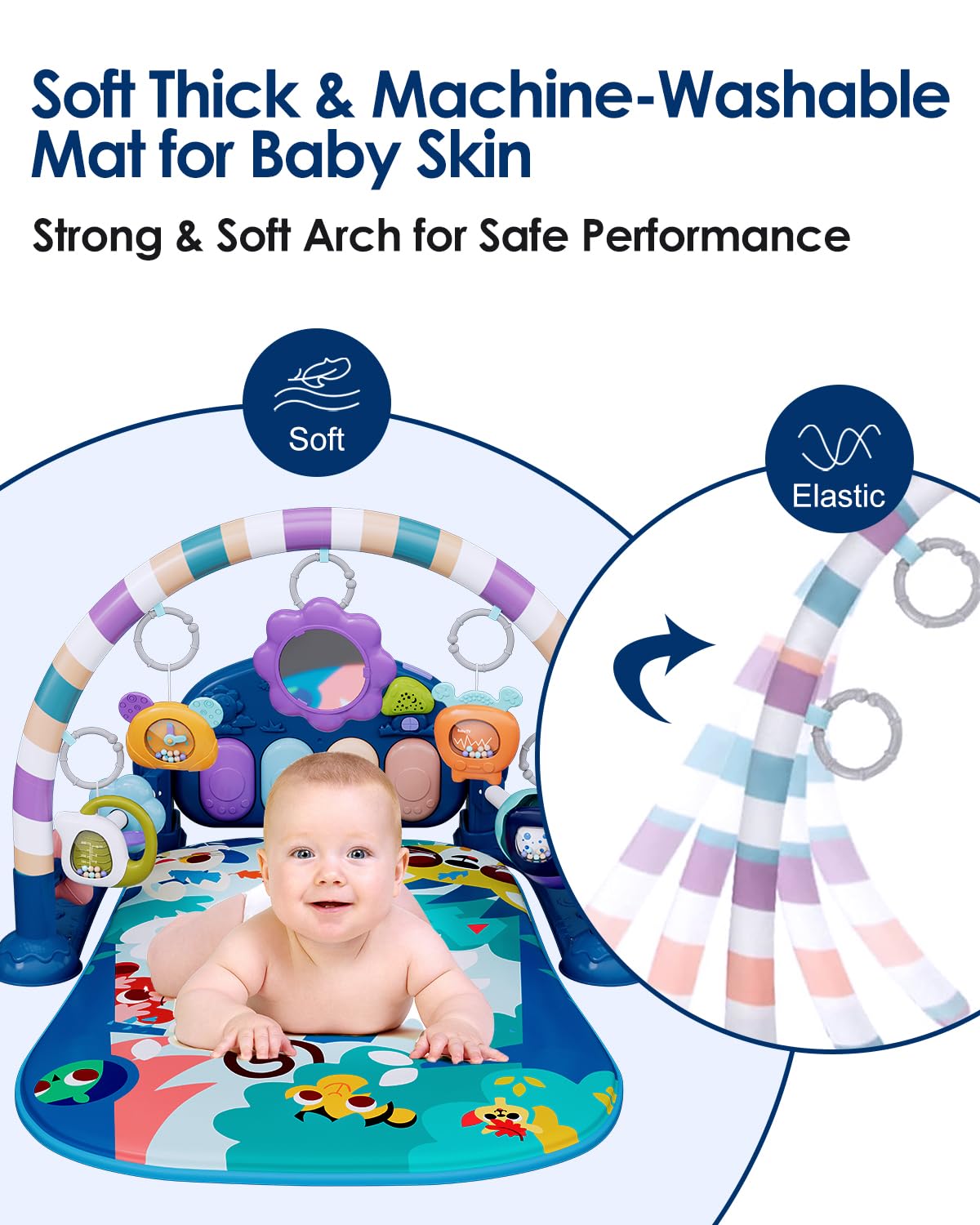 Baby Play Mat Gym, Funny Play Piano Tummy Time Activity Mat with 5 Infant Sensory Toys, Music and Lights, Boy & Girl