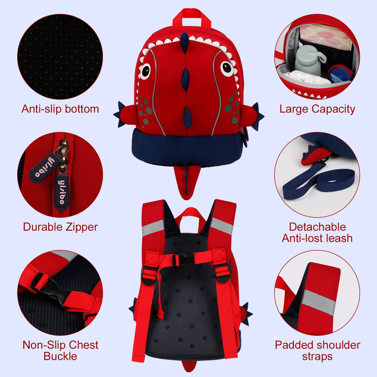 Red Dinosaur Toddler Backpack with Safety Leash for 3-6 Years