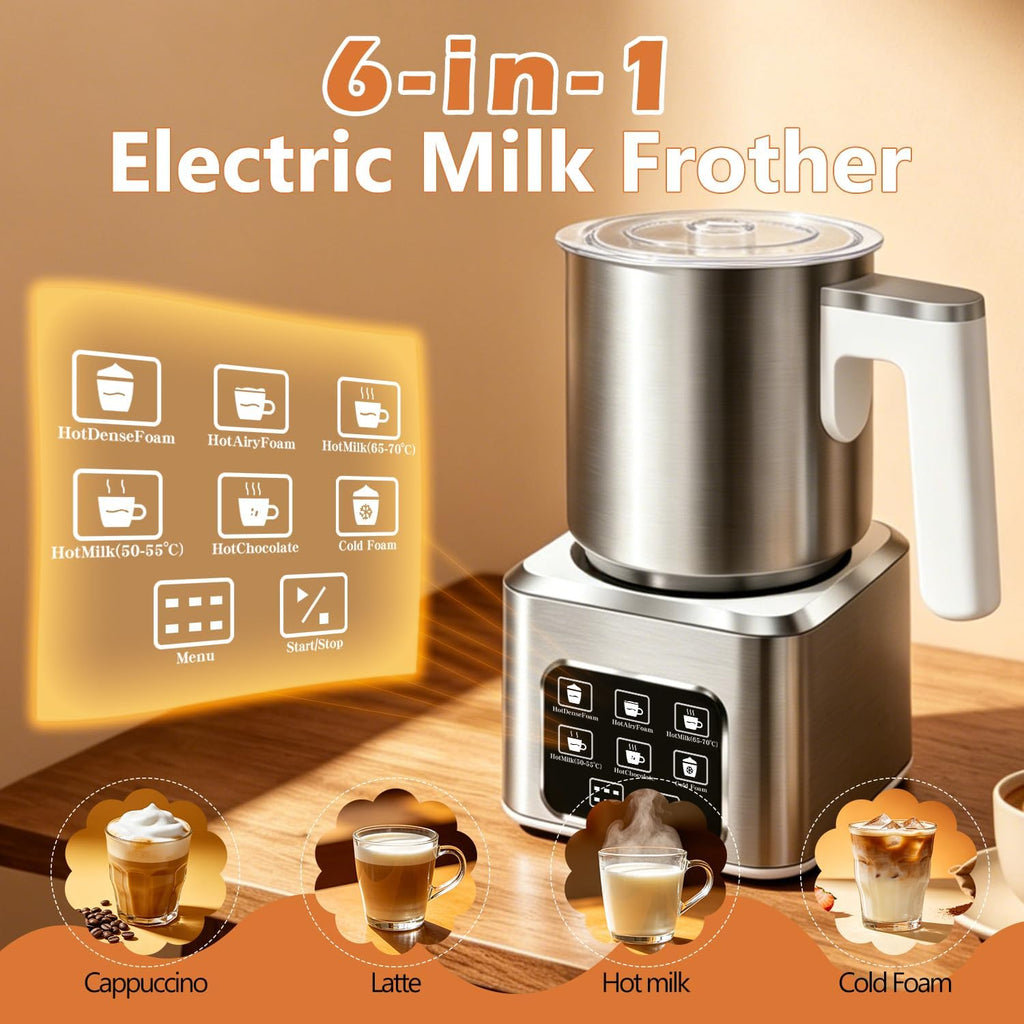 6-in-1 Electric Milk Frother and Steamer, Large Capacity & Detachable Electric Milk Frother and Warmer, Automatic Hot