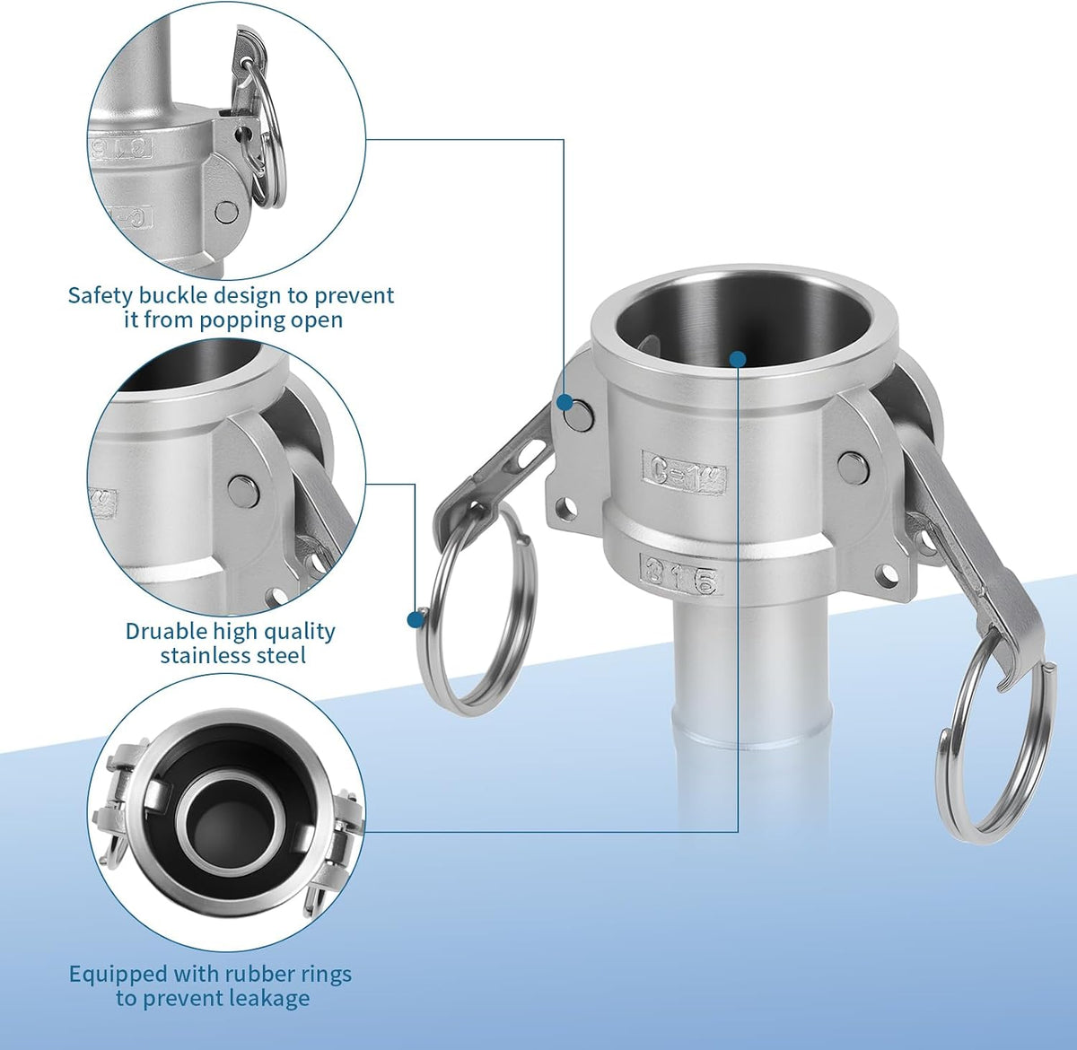 316 Stainless Steel 1" Camlock Fitting, Barb Camplug and NPT Female Thread