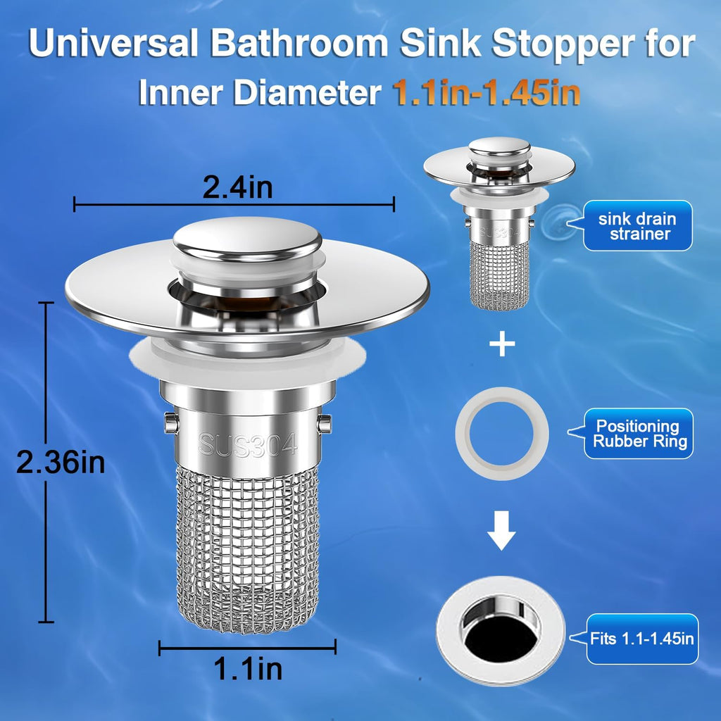 Bathroom Sink Drain Strainer,(2PCS) Pop-up Sink Drain Strainer with Removable Stainless Steel Strainer Basket Hair