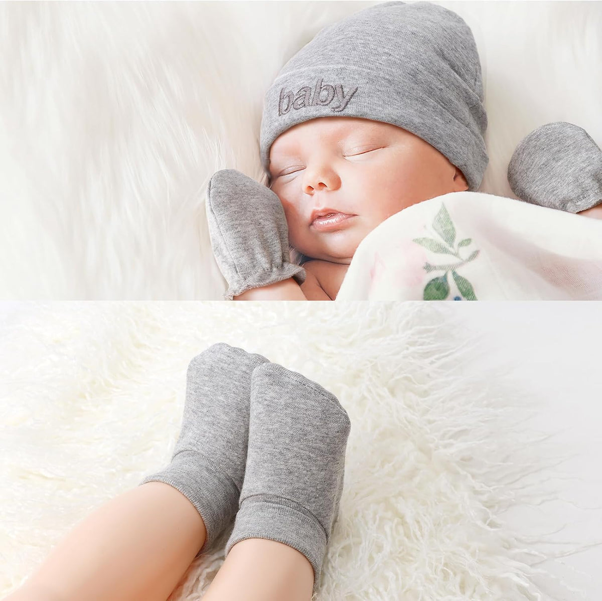 BQUBO Newborn Baby Hat Mittens Socks Set Infant Cotton Beanie Gloves Thick Warm Socks for 0-6 Months Boys Girls